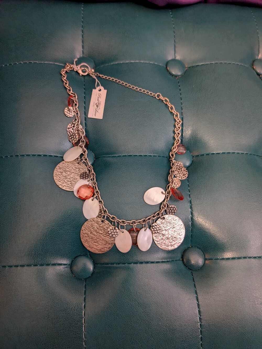 Park Lane Silver-Tone Disc & Mother-of-Pearl Charm Necklace with Peach Accents